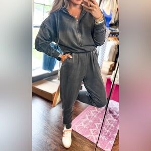 NWT Washed Black Half Zip Hooded Jumpsuit Sweatsuit Jumper Sweats Jogger Style